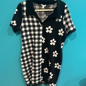 Pop Art Houndstooth Daisy Black and White Patterned Sweater Midi Dress